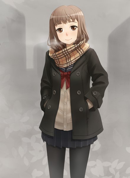 Anime picture 1320x1800 with original unyon single long hair tall image looking at viewer blush brown hair brown eyes hands in pockets girl skirt uniform school uniform miniskirt scarf