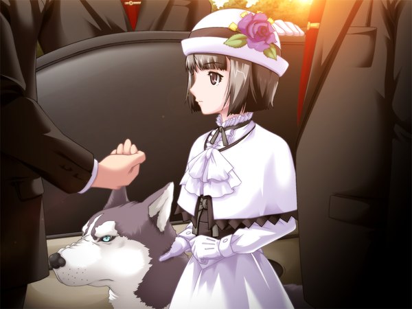 Anime picture 1024x768 with kansen ball buster short hair black hair game cg black eyes girl gloves hat dog