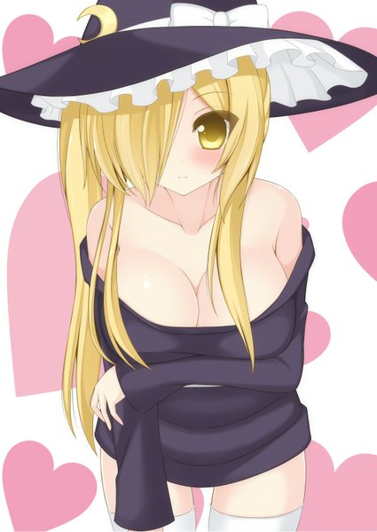 Anime picture 1075x1518 with touhou kirisame marisa chimunge single long hair tall image looking at viewer blush fringe breasts light erotic blonde hair large breasts bare shoulders yellow eyes hair over one eye girl thighhighs white thighhighs heart