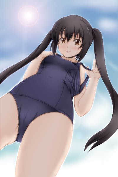 Anime picture 800x1200 with k-on! kyoto animation nakano azusa fuuma nagi single long hair tall image looking at viewer blush light erotic black hair smile twintails brown eyes sky cloud (clouds) girl uniform swimsuit school uniform