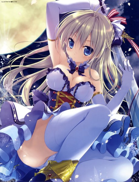 Anime picture 3947x5157 with original chikotam long hair tall image highres blue eyes light erotic blonde hair bare shoulders absurdres scan night pantyshot girl thighhighs dress gloves underwear panties weapon