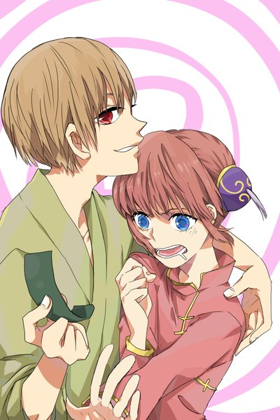 Anime picture 1181x1772 with gintama sunrise (studio) kagura (gintama) okita sougo single tall image looking at viewer short hair open mouth blue eyes red eyes brown hair red hair traditional clothes hug looking down girl boy