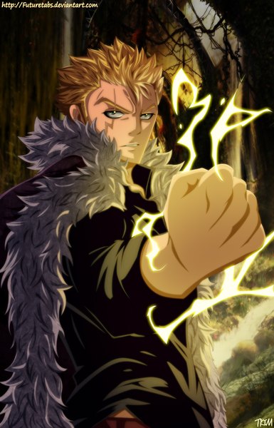 Anime picture 3000x4671 with fairy tail laxus dreyar futuretabs single tall image highres short hair blonde hair green eyes coloring magic scar electricity boy fur fist
