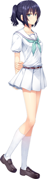 Anime picture 783x2926 with boku no hitori sensou akabei soft2 maewaki shinobu alpha (yukai na nakamatachi) single tall image looking at viewer fringe short hair black hair standing twintails full body bent knee (knees) pleated skirt aqua eyes official art short twintails transparent background arm behind back