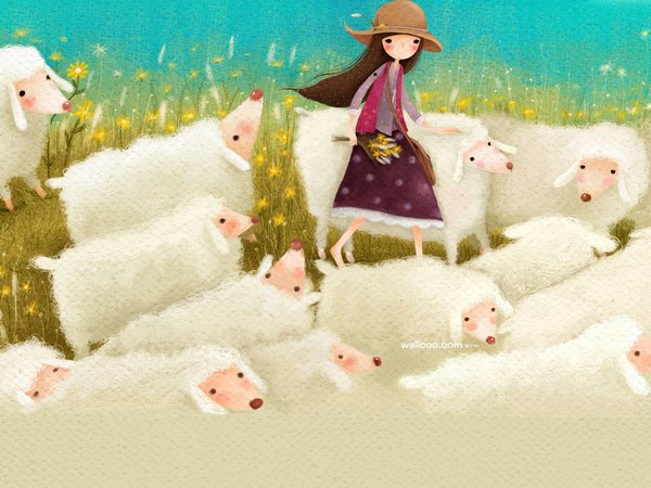 Anime picture 1024x768 with echi (artist) brown hair flock shepherd girl flower (flowers) sheep