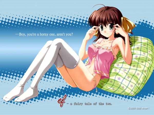 Anime picture 1280x960 with ef ef a tale of memories ef a fairy tale of the two shaft (studio) minori miyamura miyako looking at viewer blush short hair light erotic smile brown hair green eyes ahoge inscription reclining girl thighhighs navel bow