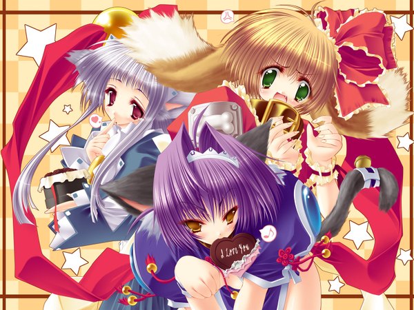 Anime picture 1600x1200 with puni puni handmaid yui (puni puni handmaid) kurohime (puni puni handmaid) pochiko (puni puni handmaid) aoi yuuji long hair looking at viewer short hair open mouth brown hair multiple girls brown eyes green eyes animal ears silver hair purple hair tail :d animal tail cat ears