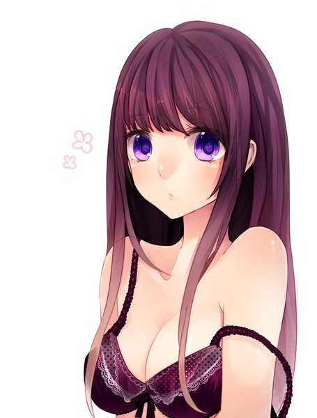 Anime picture 1144x1510 with original wakatsuki you single long hair tall image looking at viewer breasts light erotic white background purple eyes bare shoulders purple hair girl lingerie bra black bra