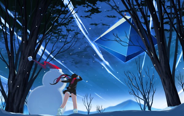 Anime picture 1200x758 with neon genesis evangelion gainax ramiel hirokiku single light erotic sky from behind night pantyshot winter landscape girl skirt underwear panties miniskirt scarf santa claus hat snowman