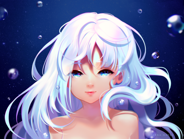 Anime picture 2122x1611 with original hyanna-natsu single long hair looking at viewer fringe highres blue eyes light erotic smile bare shoulders signed upper body ahoge white hair lips floating hair watermark underwater messy hair