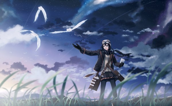Anime picture 1250x772 with original black hair wide image sky cloud (clouds) landscape plant (plants) animal scarf bird (birds) grass goggles helmet letter