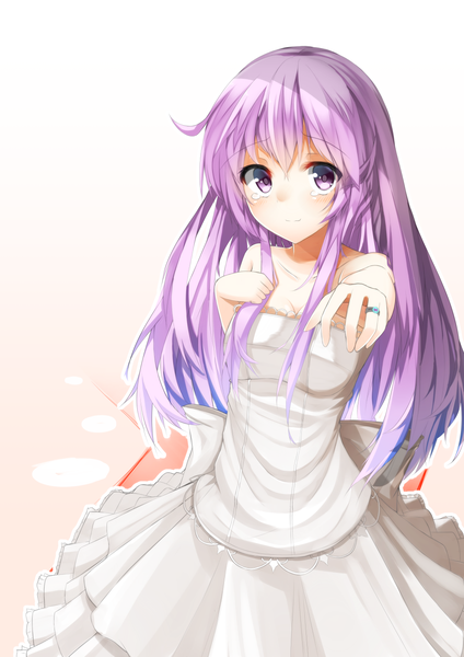 Anime picture 992x1403 with choujigen game neptune nepgear uni (muniroku) single long hair tall image looking at viewer blush fringe simple background hair between eyes standing purple eyes bare shoulders cleavage purple hair light smile midriff tears gradient background