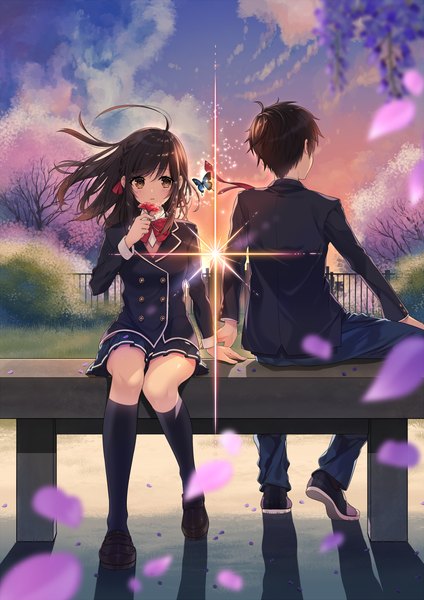 Anime picture 1000x1414 with aoki chou ni akaki hana akaki hana aoki chou necomi (gussan) long hair tall image blush fringe short hair hair between eyes brown hair sitting holding brown eyes sky cloud (clouds) full body ahoge outdoors pleated skirt