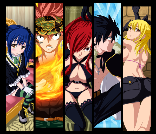 Anime picture 2524x2163 with fairy tail lucy heartfilia erza scarlet natsu dragneel gray fullbuster wendy marvell fabiansm long hair blush fringe highres short hair light erotic black hair blonde hair smile twintails multiple girls brown eyes blue hair