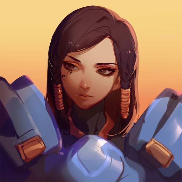 Anime picture 800x800 with overwatch blizzard entertainment pharah (overwatch) ask (askzy) single long hair simple background brown hair brown eyes looking away upper body braid (braids) parted lips lips realistic tattoo lipstick twin braids portrait makeup