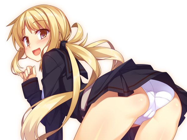 Anime picture 1200x900 with kantai collection satsuki destroyer racer (magnet) single long hair looking at viewer blush open mouth light erotic simple background blonde hair white background brown eyes ass ponytail looking back cameltoe bent over girl skirt