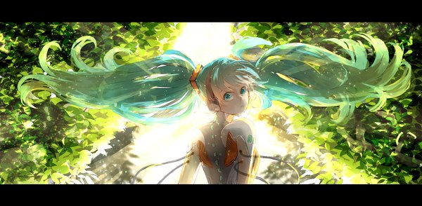 Anime picture 3200x1573 with vocaloid odds & ends (vocaloid) hatsune miku 58 (scbaby) single long hair looking at viewer highres wide image twintails aqua eyes aqua hair turning head letterboxed backlighting girl plant (plants) headphones bushes cyborg