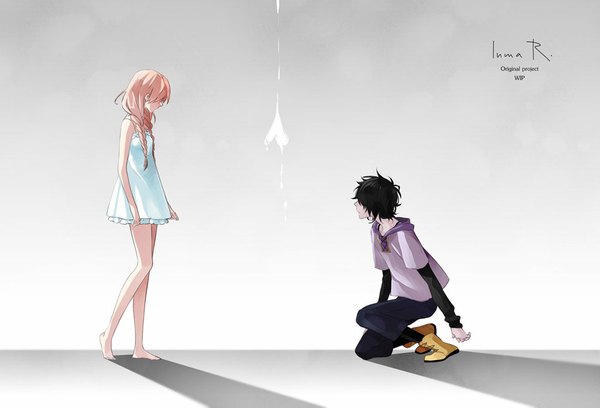 Anime picture 1024x698 with original inma r. long hair fringe short hair black hair sitting signed pink hair long sleeves barefoot no shoes girl boy boots pants nightie