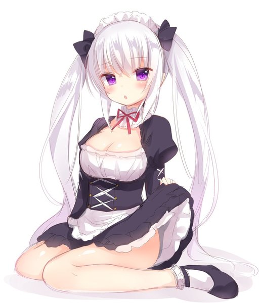 Anime picture 900x1050 with nachi single long hair tall image looking at viewer blush fringe breasts open mouth light erotic simple background large breasts white background sitting purple eyes twintails cleavage white hair parted lips :o