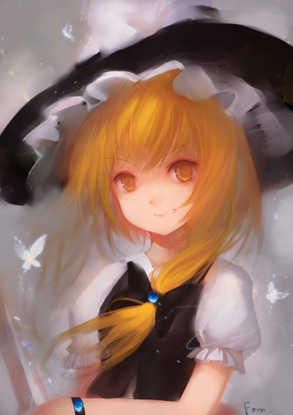 Anime picture 2480x3507 with touhou kirisame marisa fom (lifotai) single long hair tall image highres orange hair orange eyes grin girl bow hat insect butterfly witch hat