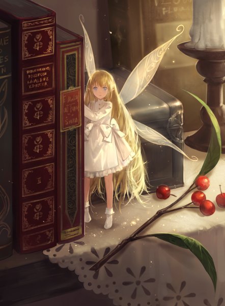 Anime picture 884x1200 with original cotta single tall image looking at viewer blue eyes blonde hair very long hair pointy ears fantasy minigirl fairy girl dress bow wings socks food white dress white socks