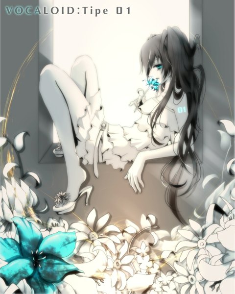 Anime picture 1024x1280 with vocaloid hatsune miku aonoe single long hair tall image fringe black hair sitting twintails bare shoulders aqua eyes legs girl dress flower (flowers) shoes belt window