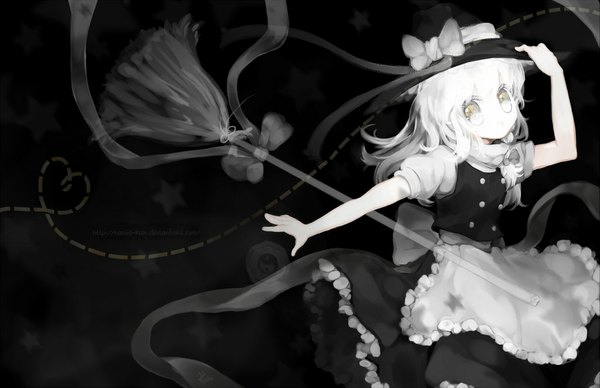 Anime picture 1024x663 with touhou kirisame marisa namie-kun single long hair monochrome girl dress skirt apron witch hat skirt set broom