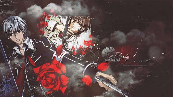 Anime picture 1280x720 with vampire knight studio deen kiryuu zero clan kaname hino matsuri short hair brown hair wide image brown eyes signed silver hair inscription boy flower (flowers) weapon petals rose (roses) gun pistol