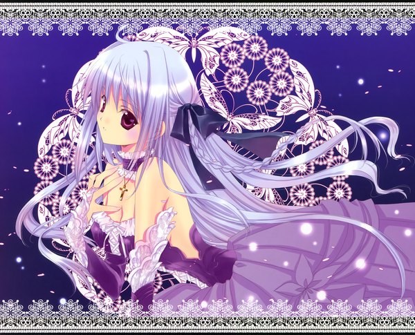 Anime picture 3730x3019 with original nanase aoi single long hair highres red eyes bare shoulders absurdres silver hair girl dress bow ribbon (ribbons) hair bow hair ribbon detached sleeves cross