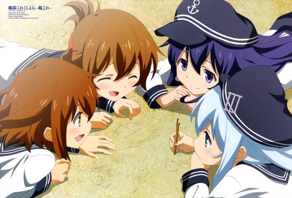 Anime picture 6012x4090 with kantai collection hibiki destroyer akatsuki destroyer inazuma destroyer ikazuchi destroyer ogawa akane long hair blush highres short hair open mouth brown hair multiple girls blue hair absurdres eyes closed official art girl 4 girls sailor suit