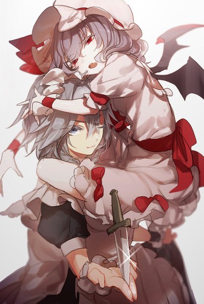 Anime picture 1000x1482 with touhou remilia scarlet izayoi sakuya no-kan tall image fringe short hair open mouth blue eyes simple background hair between eyes red eyes multiple girls one eye closed grey hair wink sparkle maid carrying girl