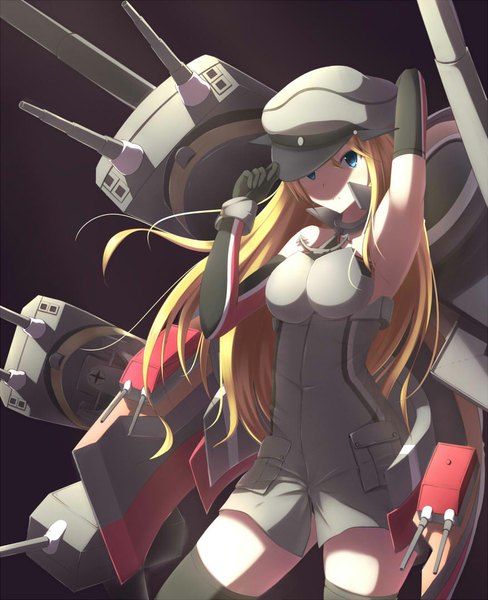 Anime picture 875x1075 with kantai collection bismarck battleship nicoby single long hair tall image blue eyes blonde hair armpit (armpits) dark background girl thighhighs gloves weapon black thighhighs elbow gloves peaked cap