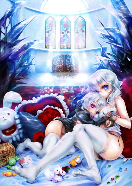 Anime picture 1004x1417 with kantai collection wo-class aircraft carrier re-class battleship inuboe long hair tall image looking at viewer blue eyes light erotic purple eyes multiple girls white hair legs shinkaisei-kan girl thighhighs underwear panties 2 girls white thighhighs