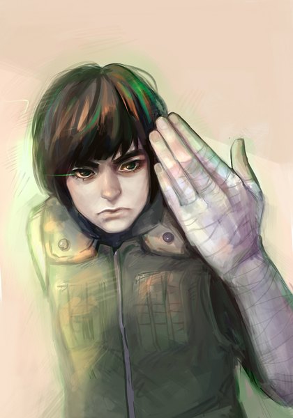 Anime picture 1400x2000 with naruto studio pierrot naruto (series) rock lee zapekanka single tall image short hair simple background brown hair green eyes serious boy bandage (bandages) vest hand