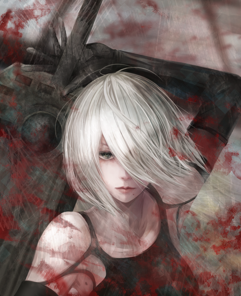 Anime picture 1464x1797 with nier nier:automata yorha type a no. 2 yamamoto no ari single tall image looking at viewer fringe short hair silver hair upper body ahoge from above lips hair over one eye grey background mole armpit (armpits) grey eyes arm behind head