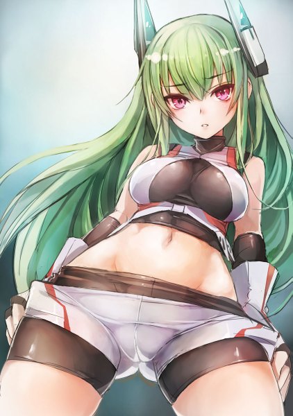 Anime picture 845x1200 with original menou kaname taishi (picchiridou) single long hair tall image looking at viewer breasts light erotic pink eyes green hair bare belly cameltoe undressing girl gloves navel shorts fingerless gloves white shorts