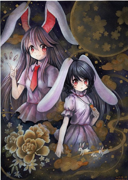 Anime picture 712x1000 with touhou reisen udongein inaba inaba tewi mosho long hair tall image looking at viewer blush short hair black hair smile red eyes multiple girls signed animal ears purple hair bunny ears traditional media watercolor (medium) girl