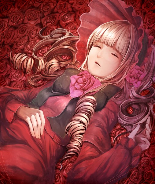 Anime picture 1100x1300 with rozen maiden shinku ryota (ry o ta) single long hair tall image fringe open mouth brown hair lying eyes closed drill hair sleeping girl dress flower (flowers) bow headdress rose (roses) bonnet