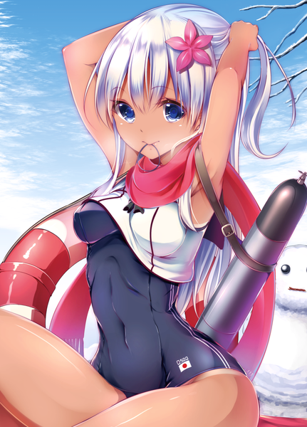 Anime picture 781x1087 with kantai collection ro-500 submarine suitenjh single long hair tall image looking at viewer blue eyes light erotic holding white hair mouth hold hair tie in mouth girl hair ornament swimsuit one-piece swimsuit hair tie lifebuoy torpedo
