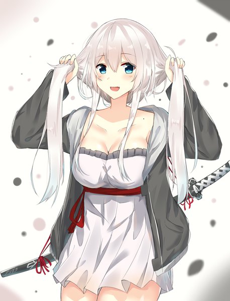 Anime picture 1200x1572 with original kurigura (sketch san) single long hair tall image looking at viewer blush breasts open mouth blue eyes large breasts white background holding cleavage silver hair long sleeves open jacket holding hair girl dress