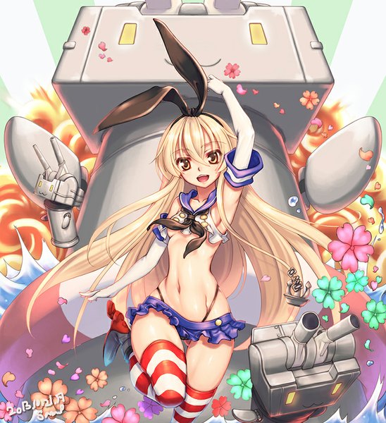 Anime picture 768x840 with kantai collection shimakaze destroyer rensouhou-chan ecell (artist) single long hair tall image looking at viewer open mouth light erotic blonde hair smile yellow eyes armpit (armpits) girl thighhighs skirt gloves navel underwear