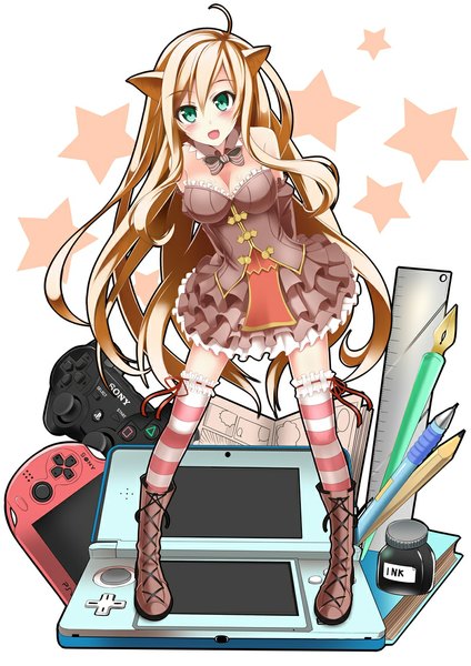 Anime picture 800x1132 with original nintendo sony catstudioinc (punepuni) single long hair tall image blush open mouth blonde hair green eyes animal ears cat ears girl thighhighs dress boots star (symbol) striped thighhighs psp