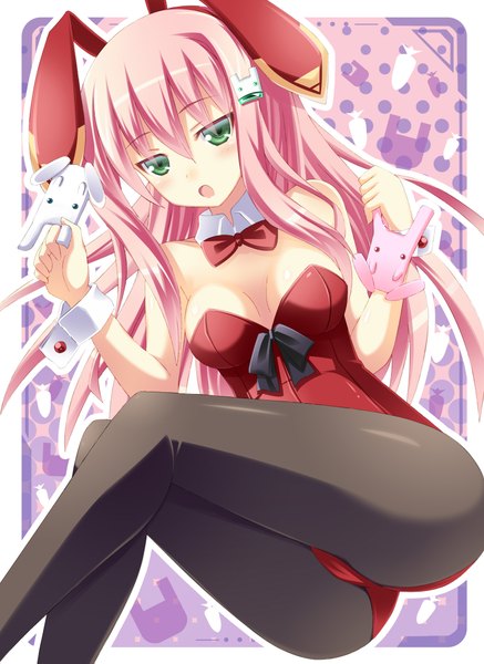 Anime picture 1500x2055 with original usagi nezumi single long hair tall image blush open mouth light erotic green eyes pink hair ass bunny ears girl bowtie bunnysuit