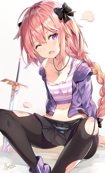 Anime picture 747x1227 with fate (series) fate/apocrypha astolfo (fate) rin yuu single long hair tall image open mouth light erotic sitting purple eyes signed pink hair ahoge braid (braids) one eye closed arm support fang (fangs) torn clothes single braid