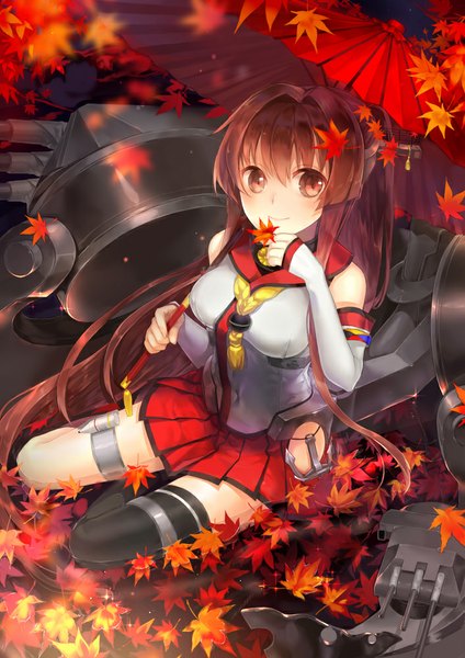 Anime picture 707x1000 with kantai collection yamato super battleship kagachi saku single tall image blush fringe breasts smile red eyes brown hair sitting looking away outdoors ponytail very long hair from above autumn girl skirt