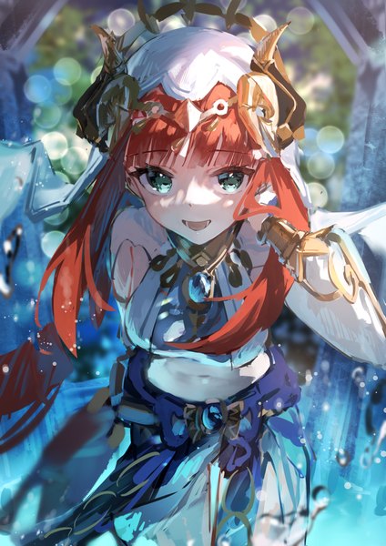 Anime picture 1736x2456 with genshin impact nilou (genshin impact) yu hydra single long hair tall image looking at viewer fringe highres open mouth red hair blunt bangs :d horn (horns) aqua eyes from above lens flare girl veil