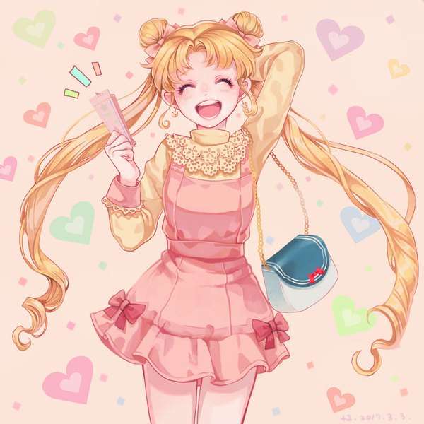 Anime picture 2047x2048 with bishoujo senshi sailor moon toei animation tsukino usagi +1 (yakusoku0722) single long hair tall image highres open mouth blonde hair twintails signed eyes closed hair bun (hair buns) dated arm behind head ^ ^ girl dress earrings