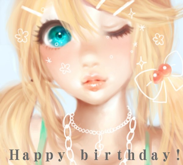 Anime picture 1000x900 with vocaloid kagamine rin minami haruya single long hair blush blonde hair simple background twintails one eye closed aqua eyes wink inscription close-up blue background face happy birthday girl hair ornament bobby pin