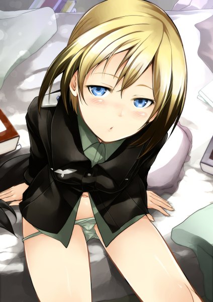 Anime picture 868x1228 with strike witches erica hartmann nishiide kengorou single tall image looking at viewer blush short hair blue eyes light erotic blonde hair sitting from above thighs girl navel uniform underwear panties book (books)