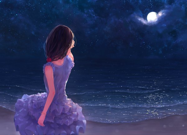 Anime picture 2745x1984 with original kisei2 single long hair highres black hair cloud (clouds) from behind night tattoo night sky beach adjusting hair low ponytail horizon sand girl dress water bracelet
